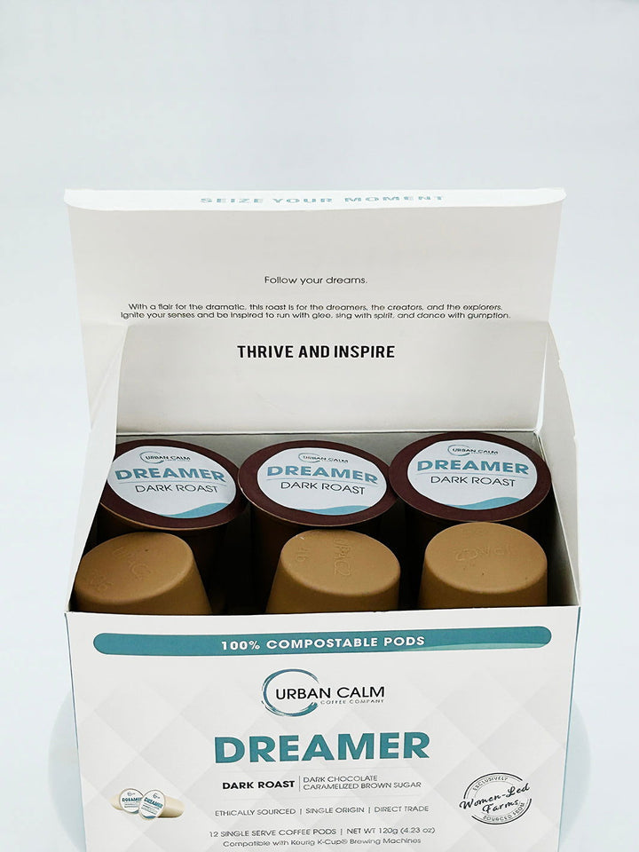 DREAMER DARK ROAST COFFEE - COMPOSTABLE SINGLE SERVE COFFEE PODS - urbancalmcoffee.ca