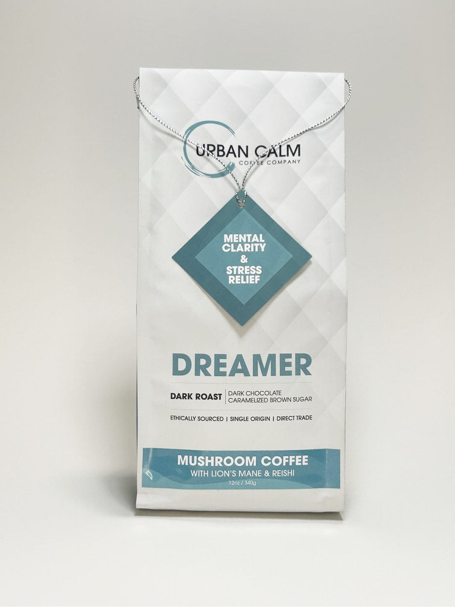 Urban Calm mushroom coffee roasted in Calgary with specialty Colombian Arabica