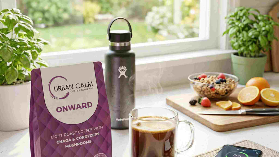 Urban Calm Onward mushroom coffee with Chaga and Cordyceps in a lifestyle setting