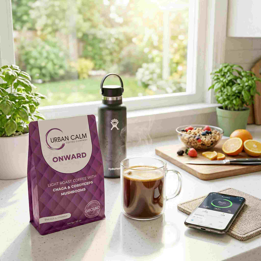 Urban Calm Onward light roast mushroom coffee with Chaga and Cordyceps