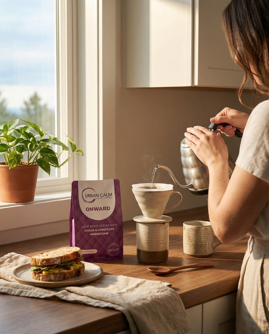 Woman brewing Urban Calm coffee at home