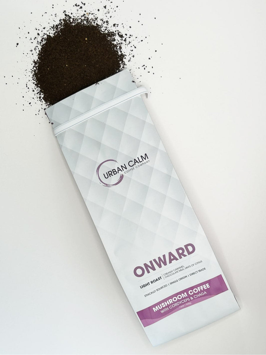 Urban Calm Onward light roast mushroom coffee with Chaga and Cordyceps