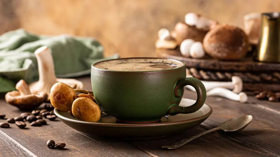 Cup of coffee with lion's mane extract on a plate 