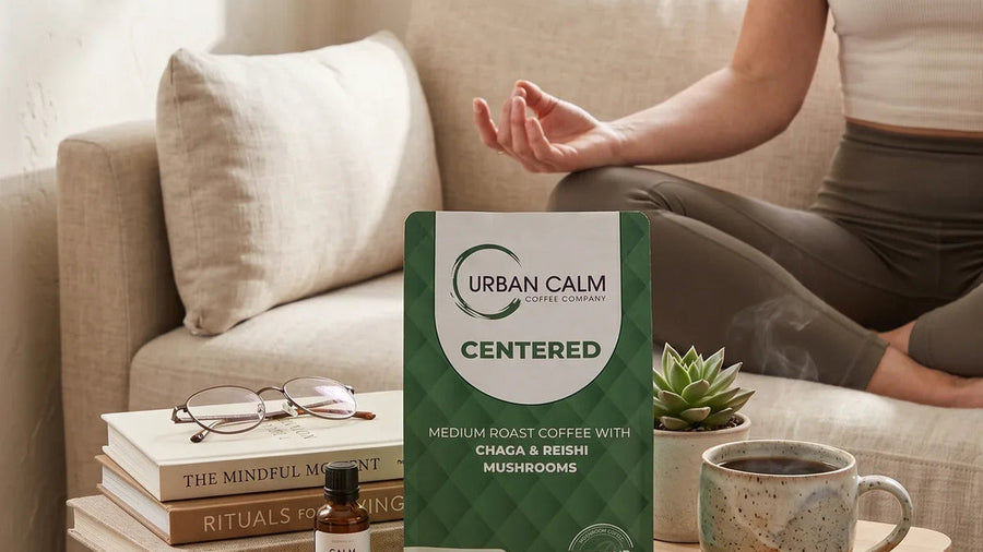 Urban Calm Centered mushroom coffee with Chaga and Reishi in a morning coffee setting
