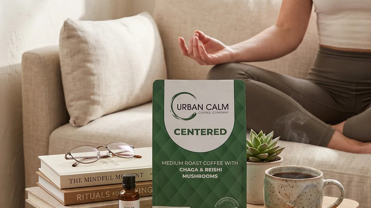 Urban Calm Centered mushroom coffee with Reishi in a calm daily coffee setting