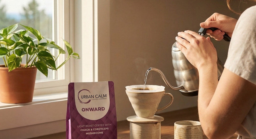 Urban Calm coffee being brewed with a pour-over method