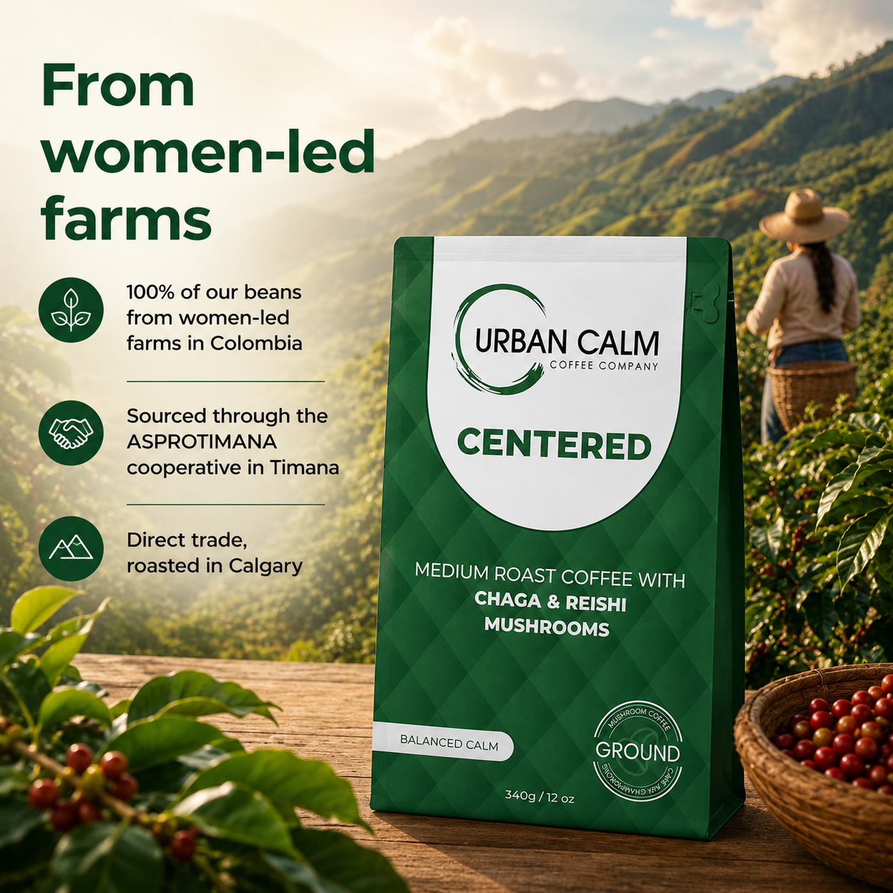 Urban Calm Centered mushroom coffee with women-led coffee farm imagery from Colombia