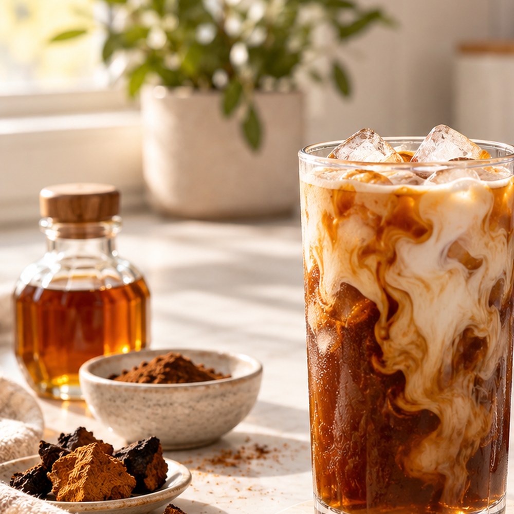 Iced coffee with milk and maple in warm natural light