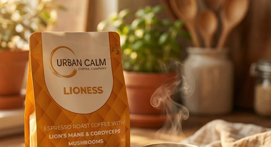 Urban Calm Lioness espresso roast in a coffee setting