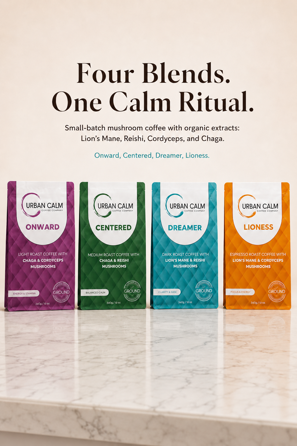 Urban Calm four mushroom coffee blends: Onward, Centered, Dreamer and Lioness