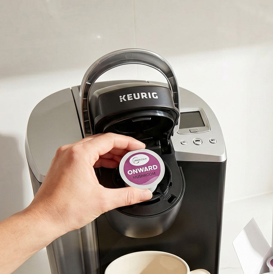 Urban Calm K-Cup being placed in a Keurig brewer
