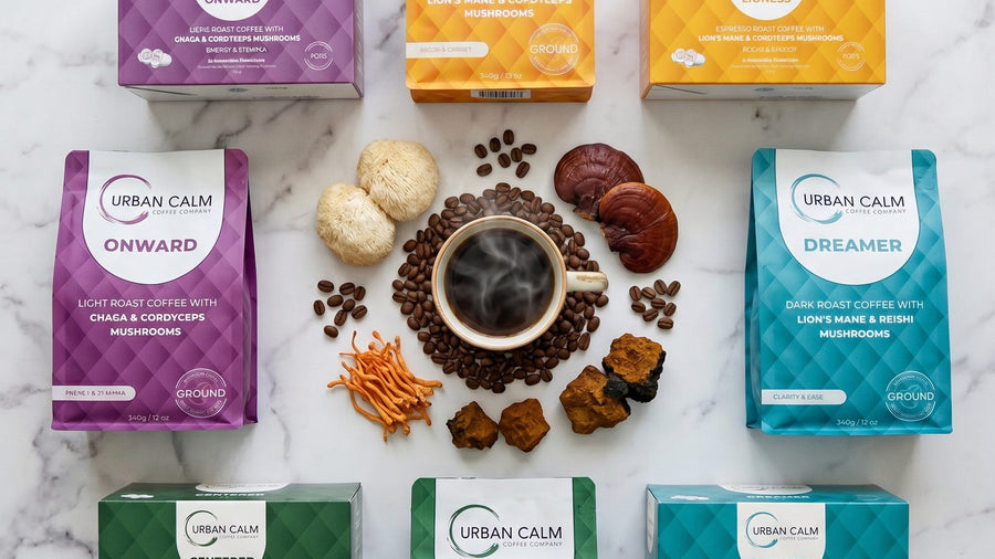 Urban Calm mushroom coffee lineup for comparing mushroom coffee with regular coffee