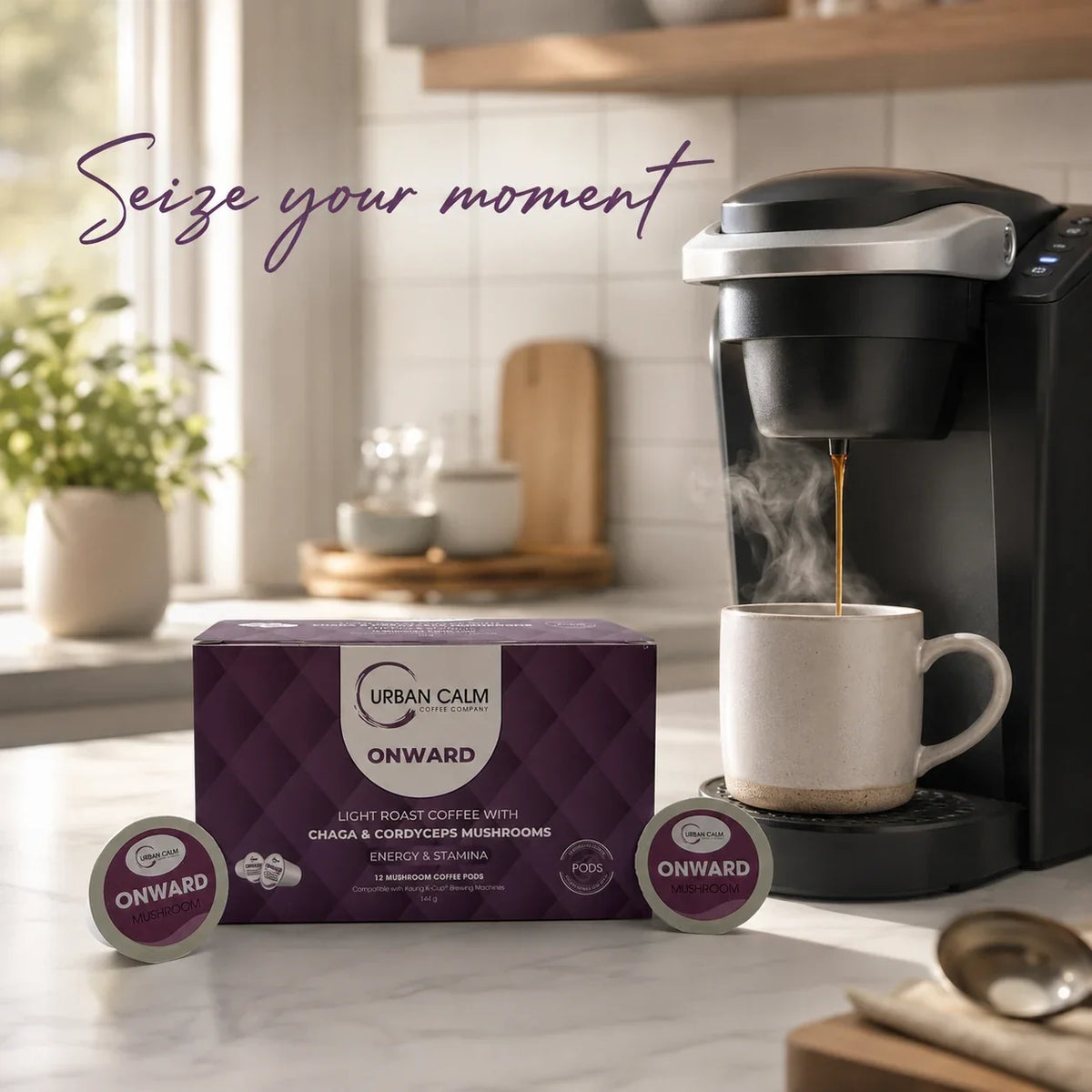 Urban Calm Onward mushroom coffee K-Cups beside a single-serve coffee brewer