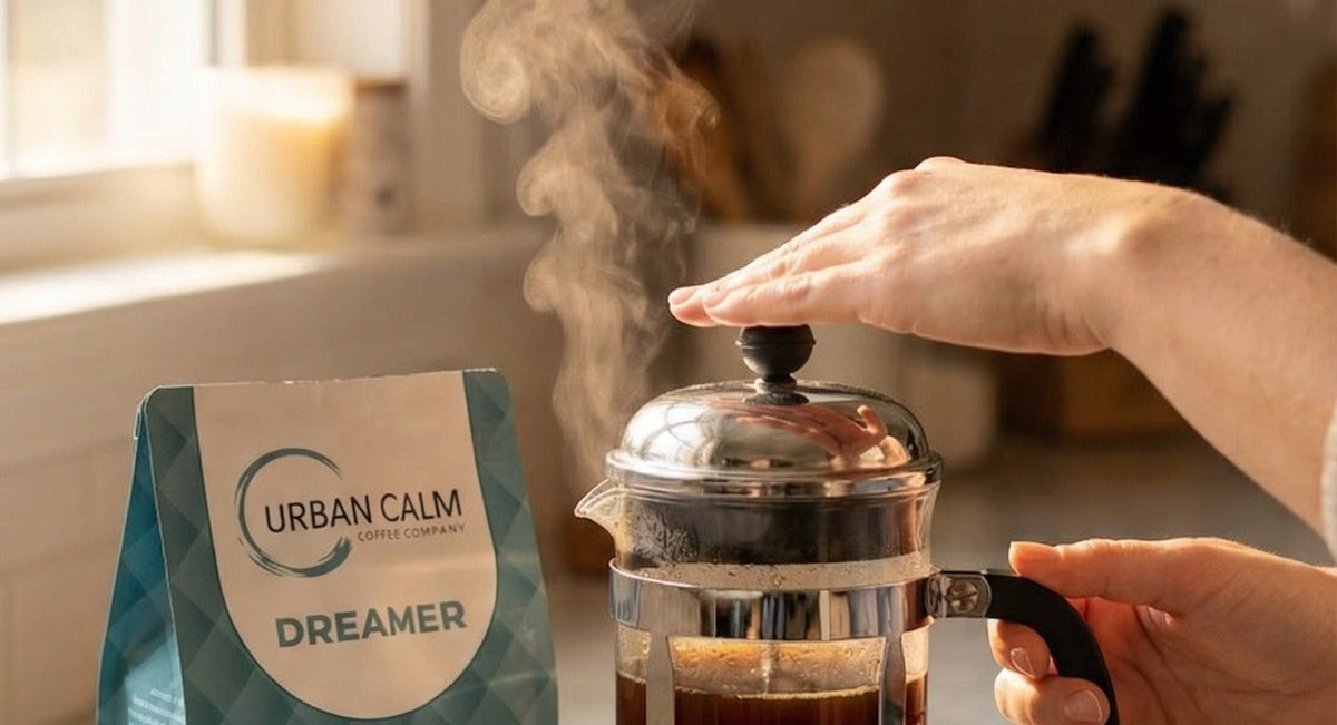 Urban Calm Dreamer mushroom coffee beside a French press