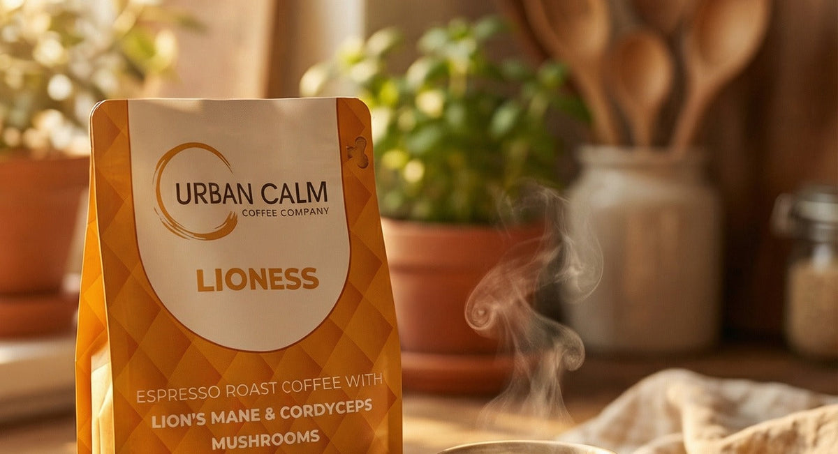 Urban Calm Lioness espresso roast mushroom coffee