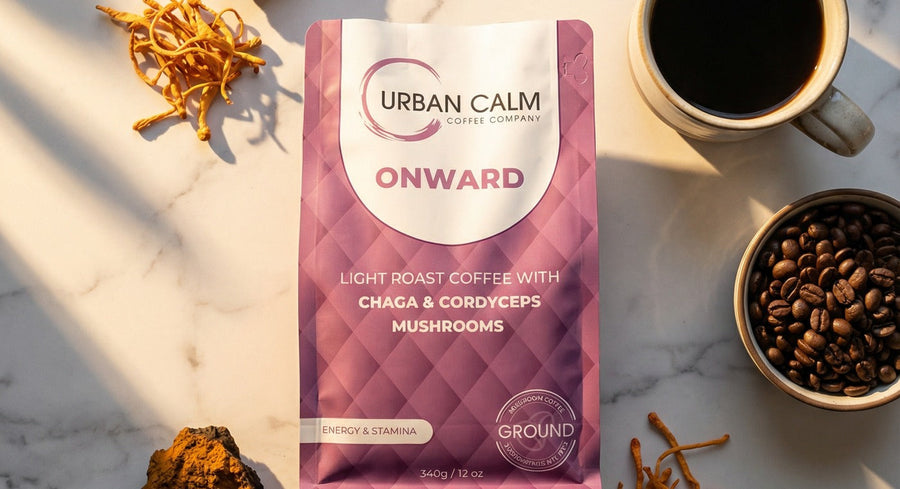 Urban Calm mushroom coffee bag showing a coffee-first approach