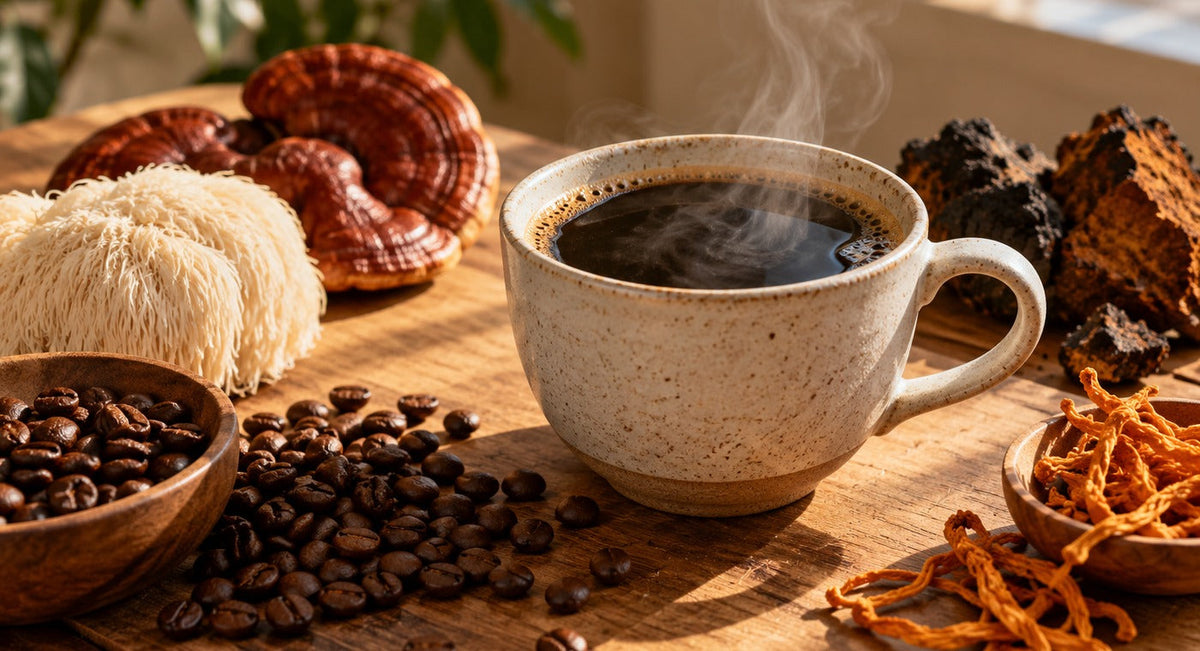 What is mushroom coffee guide with brewed coffee, beans and functional mushrooms