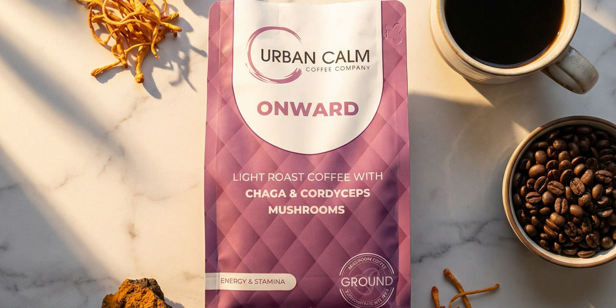 Urban Calm Onward mushroom coffee with Chaga and Cordyceps