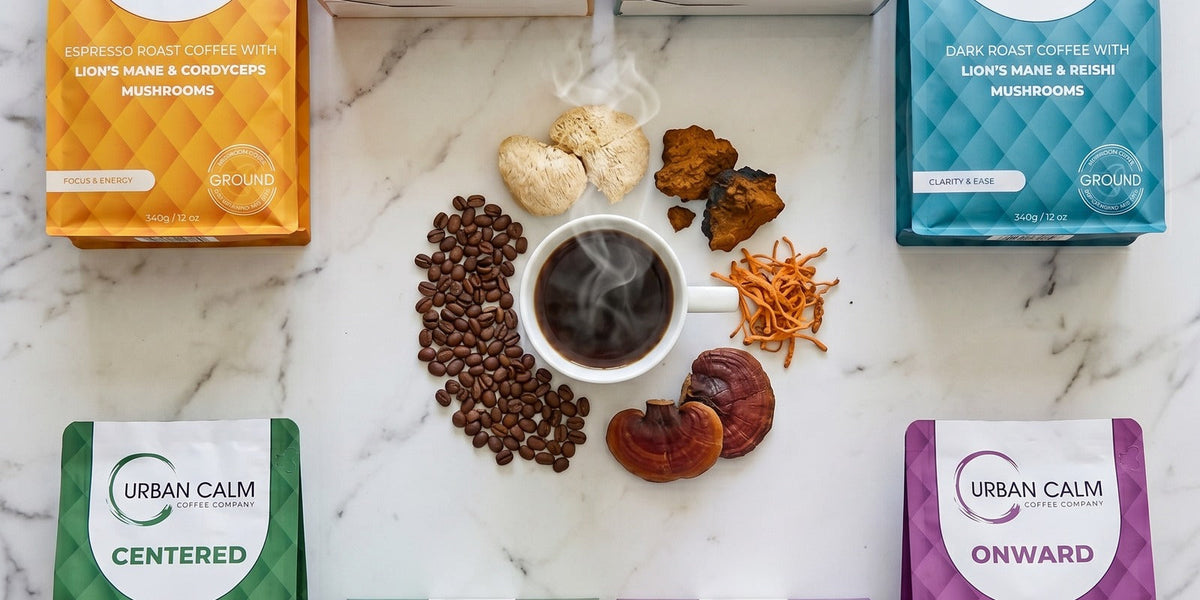 Urban Calm mushroom coffee collection featuring Lion's Mane, Reishi, Chaga and Cordyceps pairings