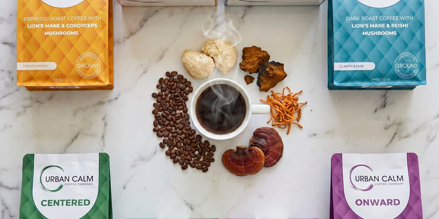 Urban Calm mushroom coffee collection featuring Lion's Mane, Reishi, Chaga and Cordyceps pairings