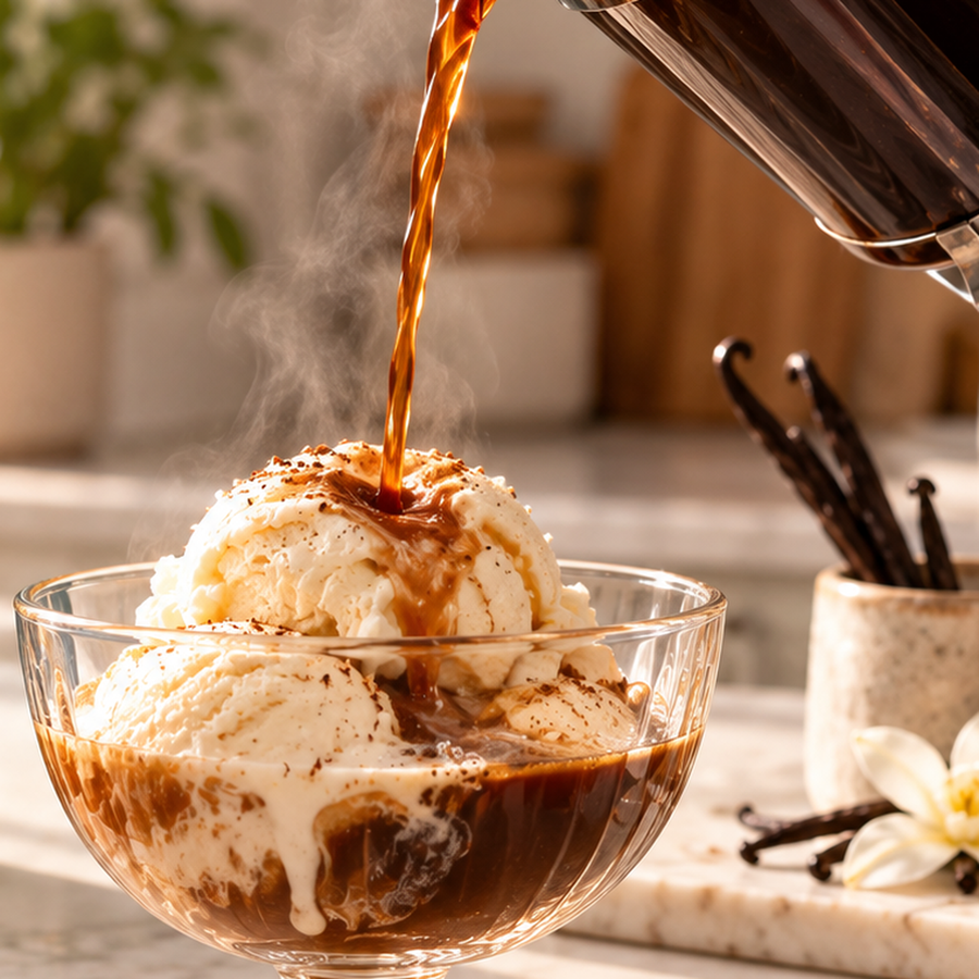 Mushroom coffee affogato with vanilla ice cream