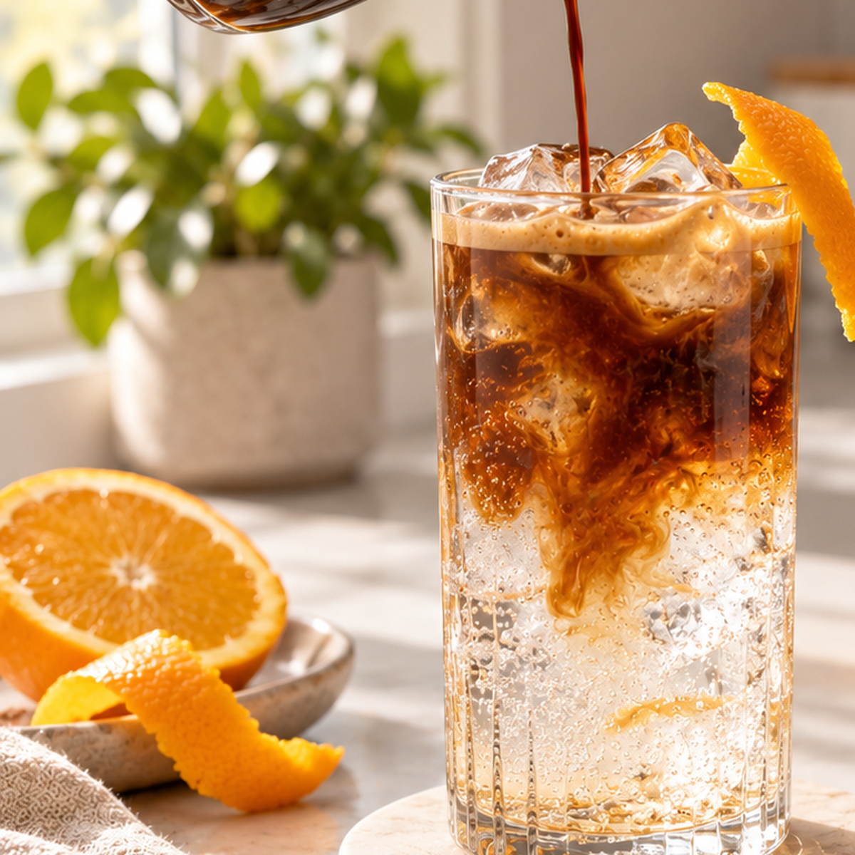 Mushroom coffee espresso tonic with orange