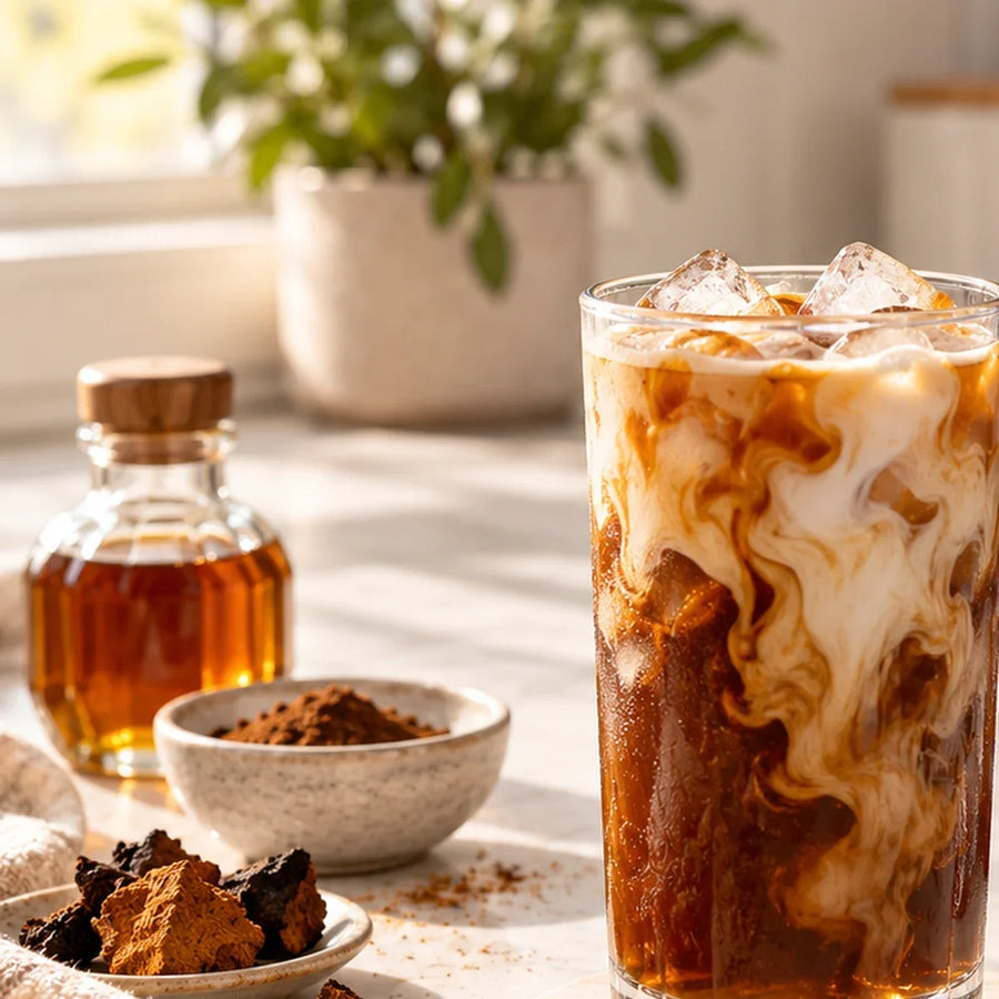 Iced Chaga mushroom coffee made with Urban Calm Onward