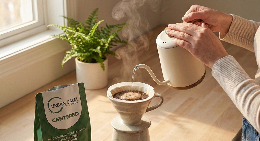 Urban Calm coffee being poured in warm natural light