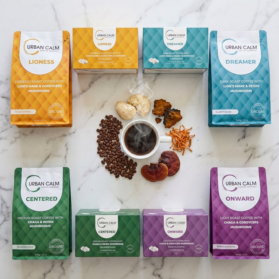 Urban Calm coffee lineup in a premium flat lay