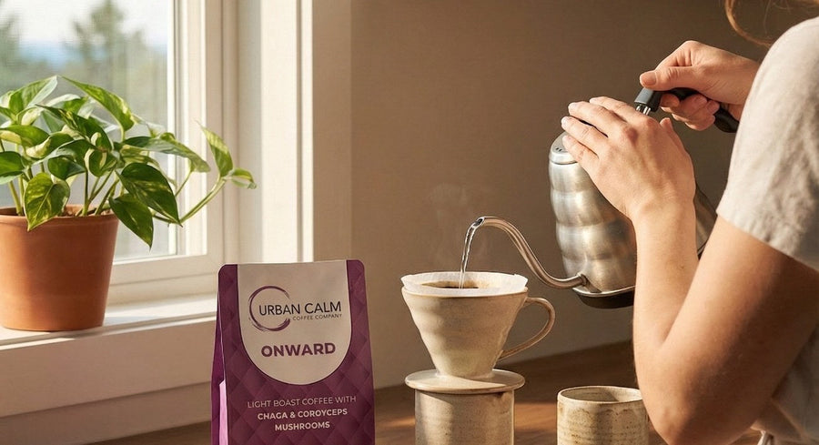 Urban Calm Onward light roast coffee in a bright lifestyle setting
