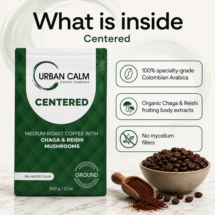 Mushroom coffee label details showing Colombian Arabica, fruiting body extracts and no mycelium-based mushroom ingredients