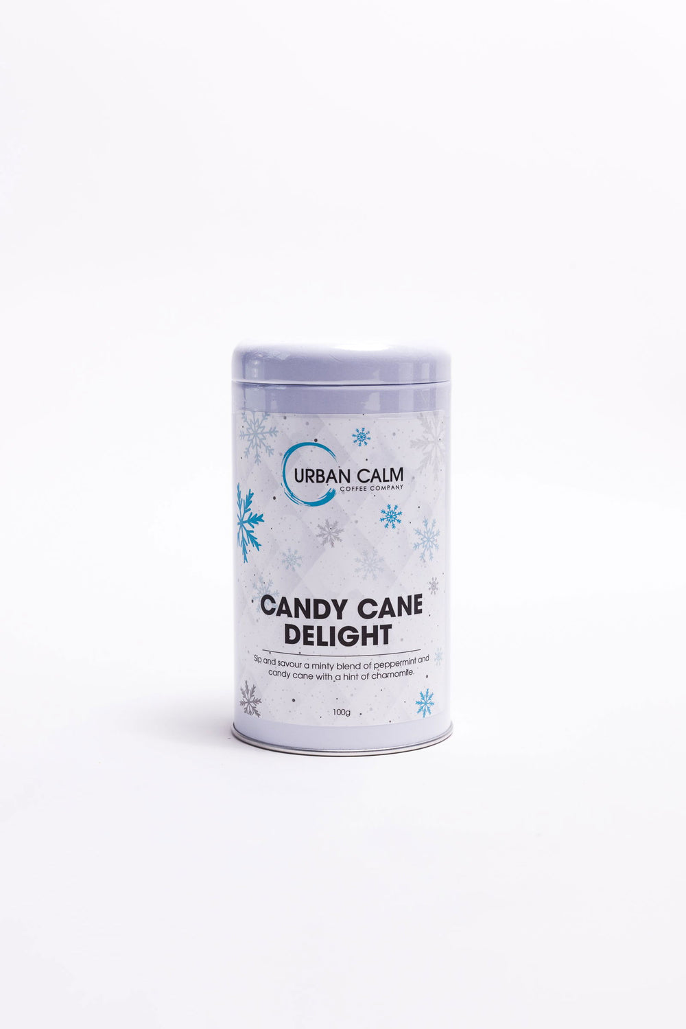 Candy Cane Delight Tea Tin with peppermint, candy cane pieces, chamomile, and cornflower petals