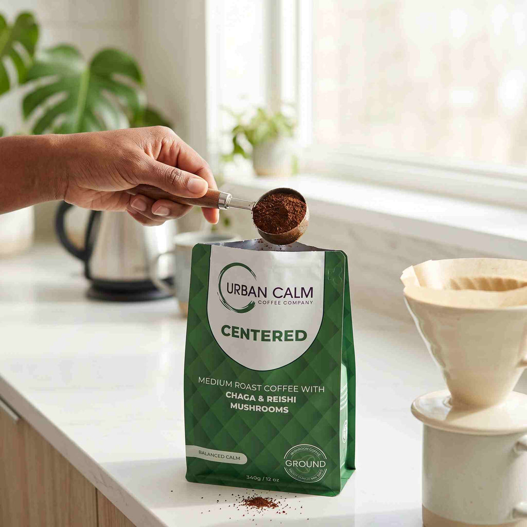 Centered medium roast mushroom coffee with Chaga and Reishi by Urban Calm Coffee