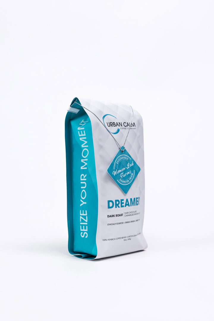 Urban Calm Dreamer Dark Roast regular coffee pouch, packaging detail