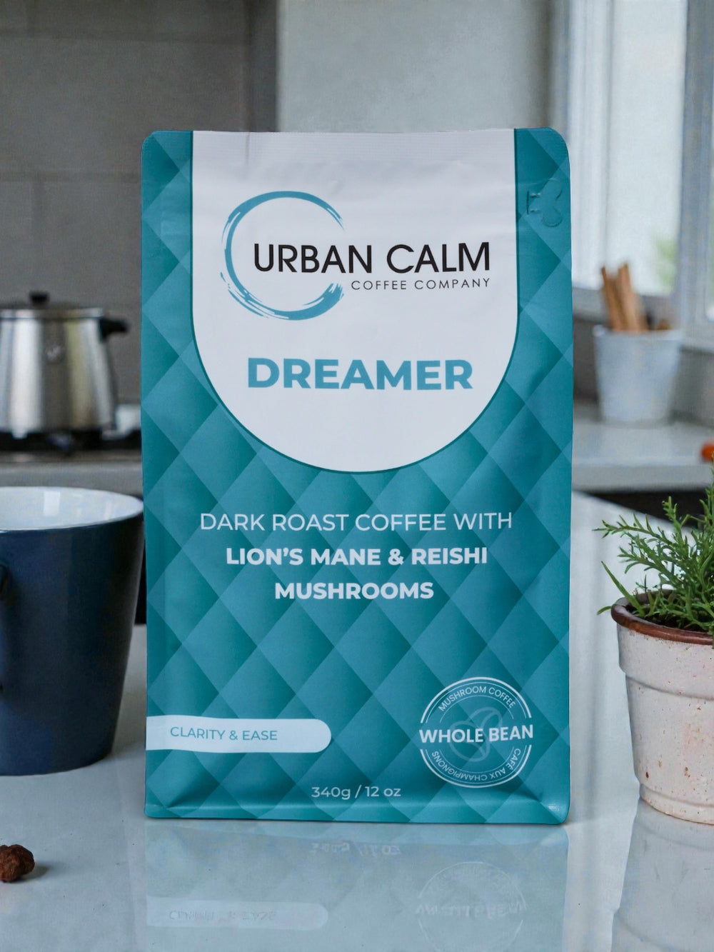 Lion's Mane Reishi mushroom coffee dark roast bag side view, bold chocolatey specialty Arabica blend