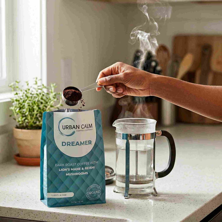Dreamer dark roast mushroom coffee with Lion&