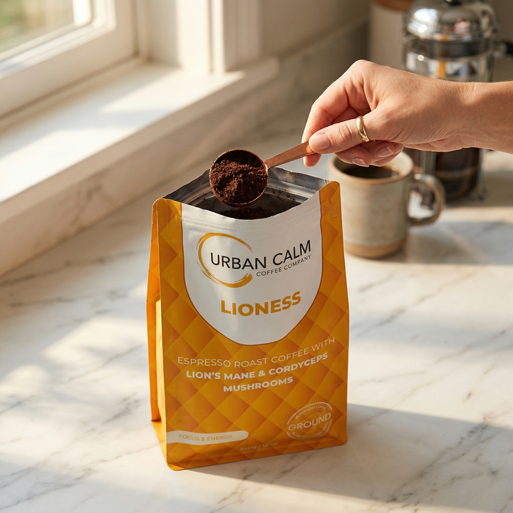 Lioness Espresso Mushroom Coffee | Lion's Mane & Cordyceps | Urban Calm Coffee