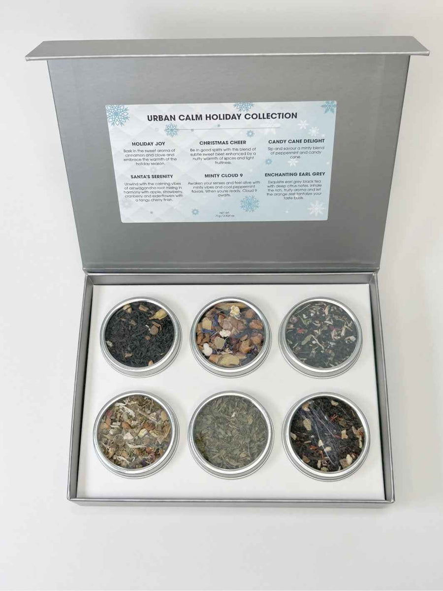 Urban Calm holiday tea sampler gift box with 6 premium loose leaf teas