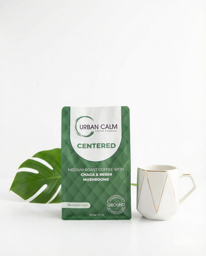 Centered medium roast mushroom coffee ground bag