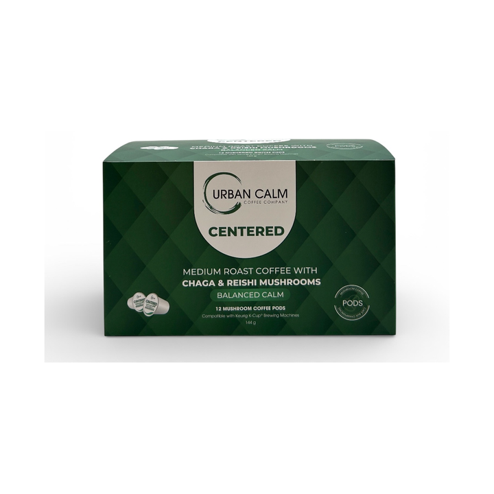 Centered medium roast mushroom coffee 12-pod box on white background