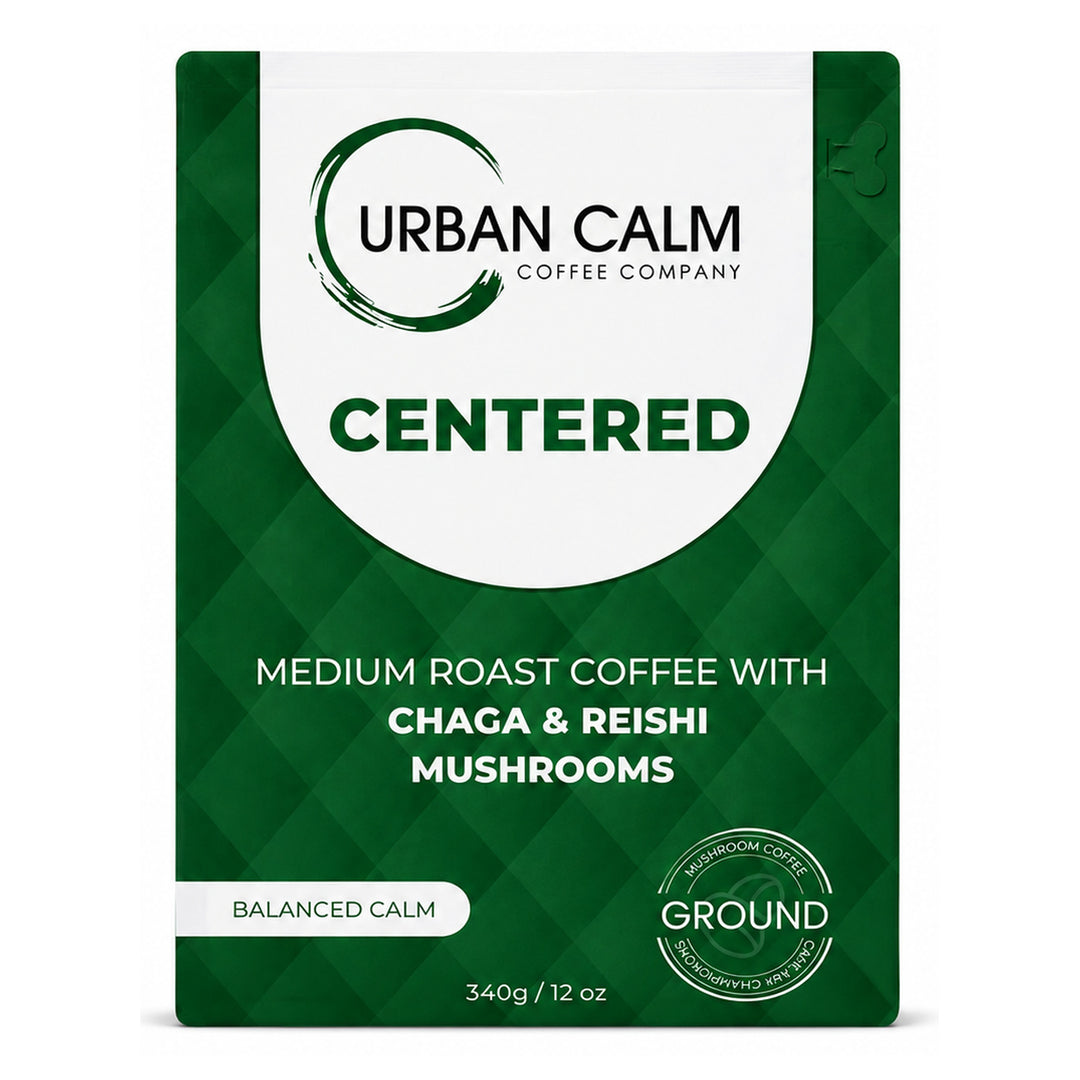 Centered medium roast mushroom coffee bag on white background