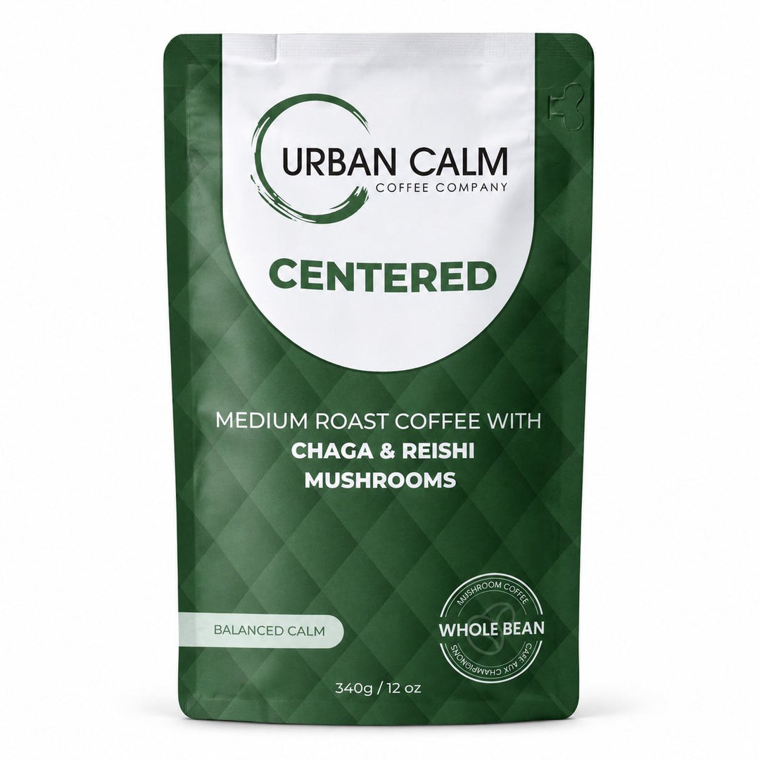 Centered Medium Roast Mushroom Coffee whole bean bag on white background