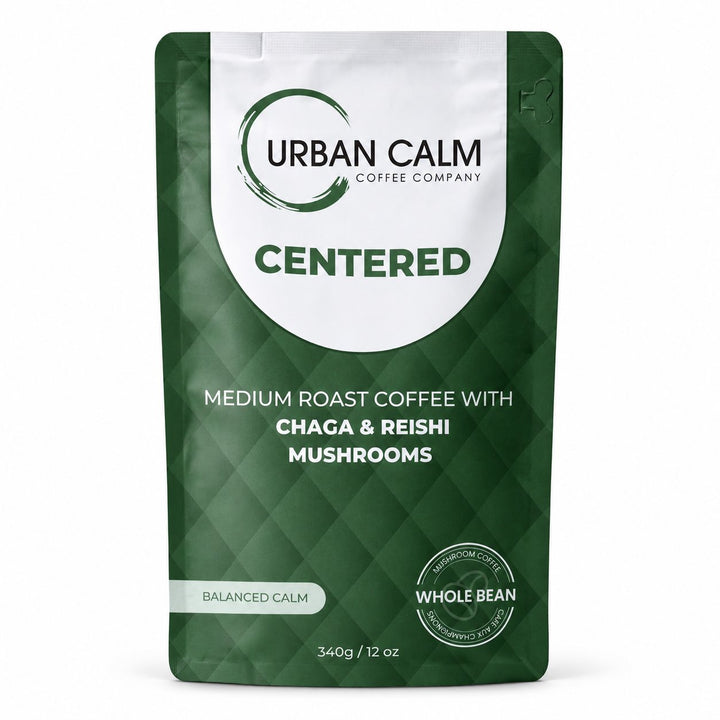 Centered Medium Roast Mushroom Coffee whole bean bag on white background