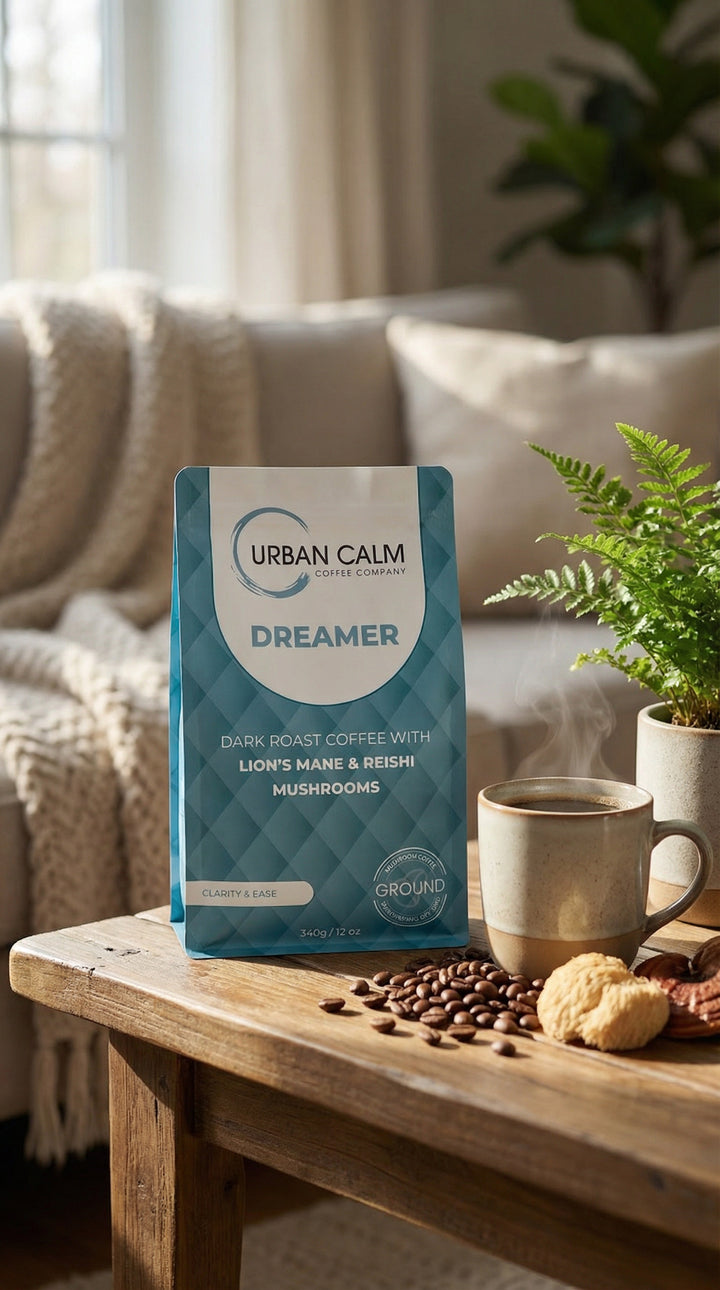 Dreamer dark roast mushroom coffee ground bag