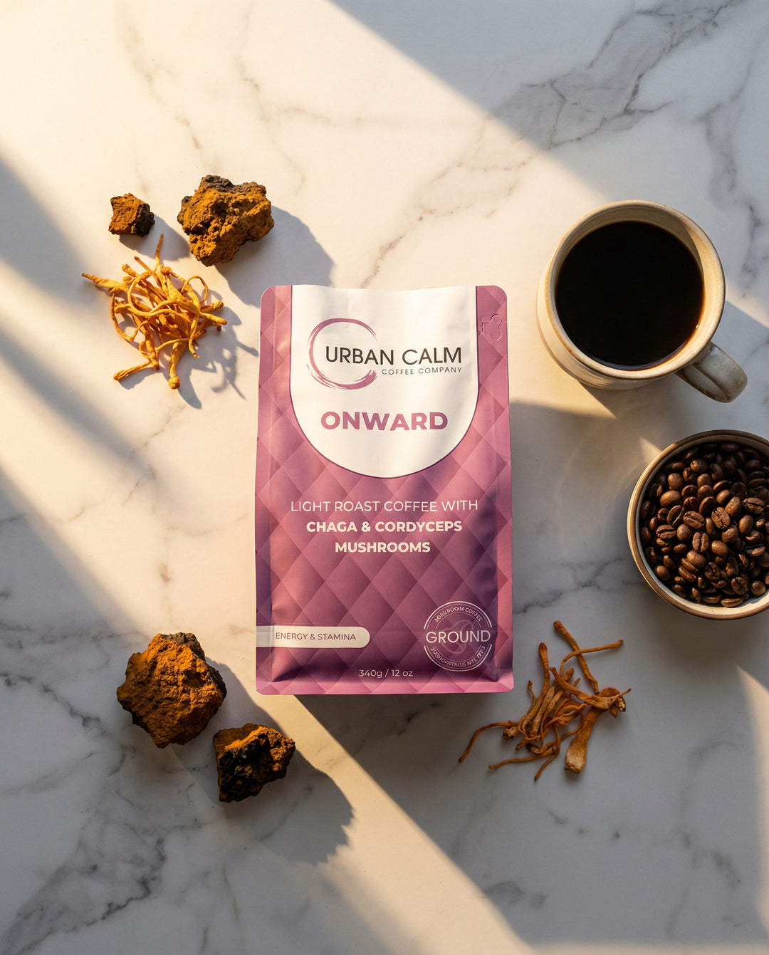 Onward light roast mushroom coffee ground bag