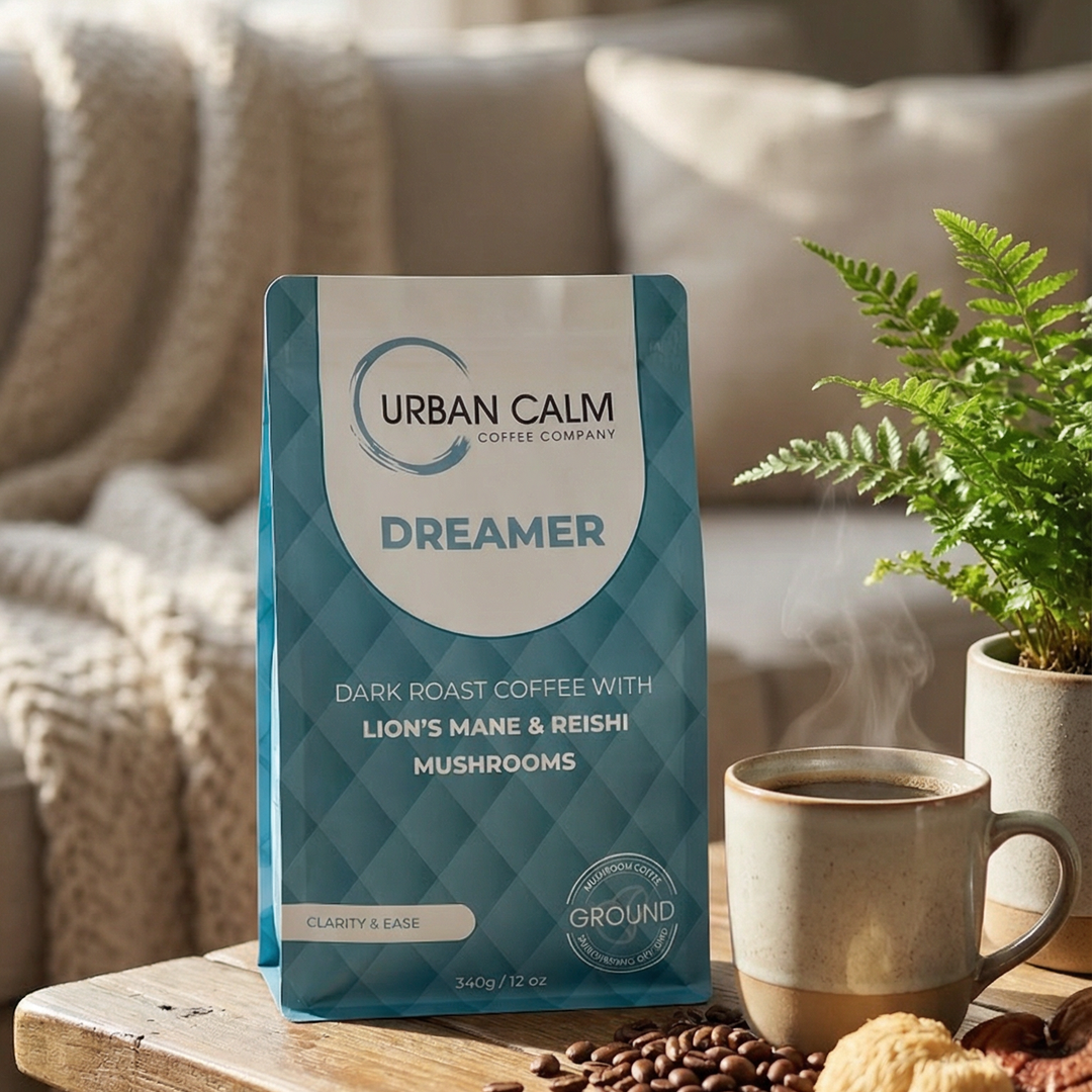Dreamer dark roast mushroom coffee ground bag