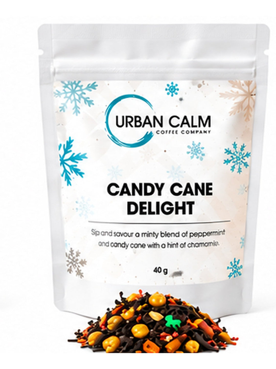 Urban Calm candy cane delight pouch with matching ingredients on clean white background, 3:4 portrait