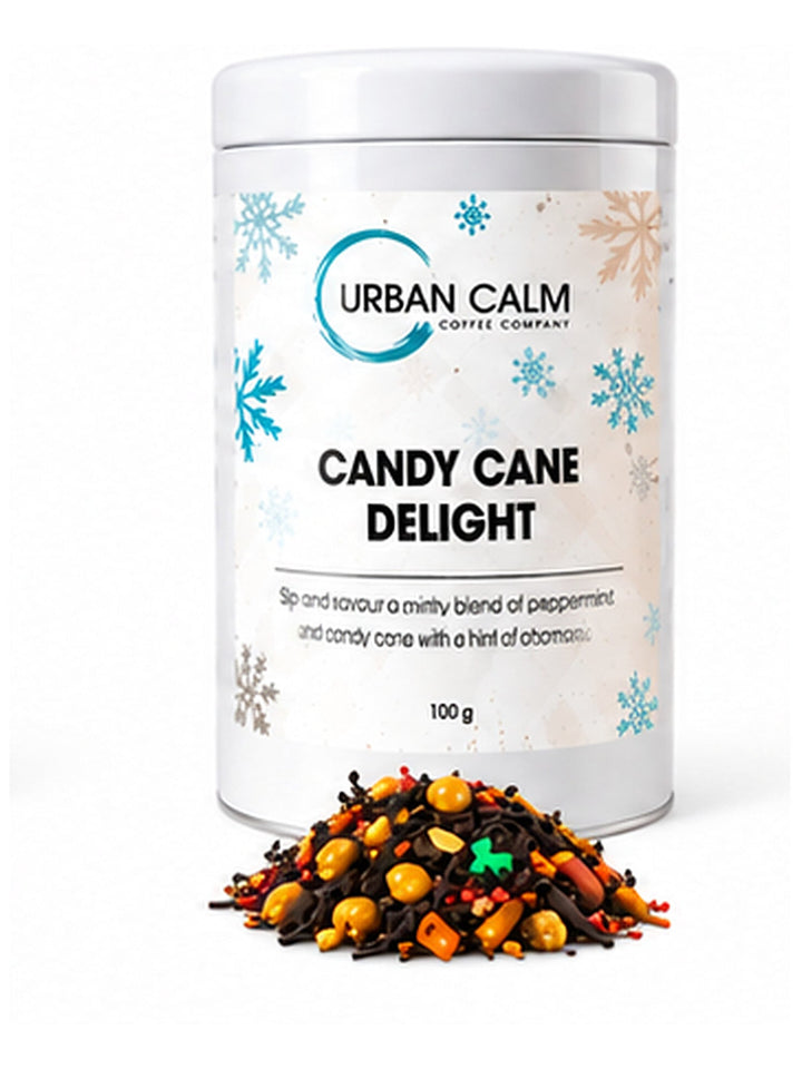 Urban Calm candy cane delight tin with matching ingredients on clean white background, 3:4 portrait