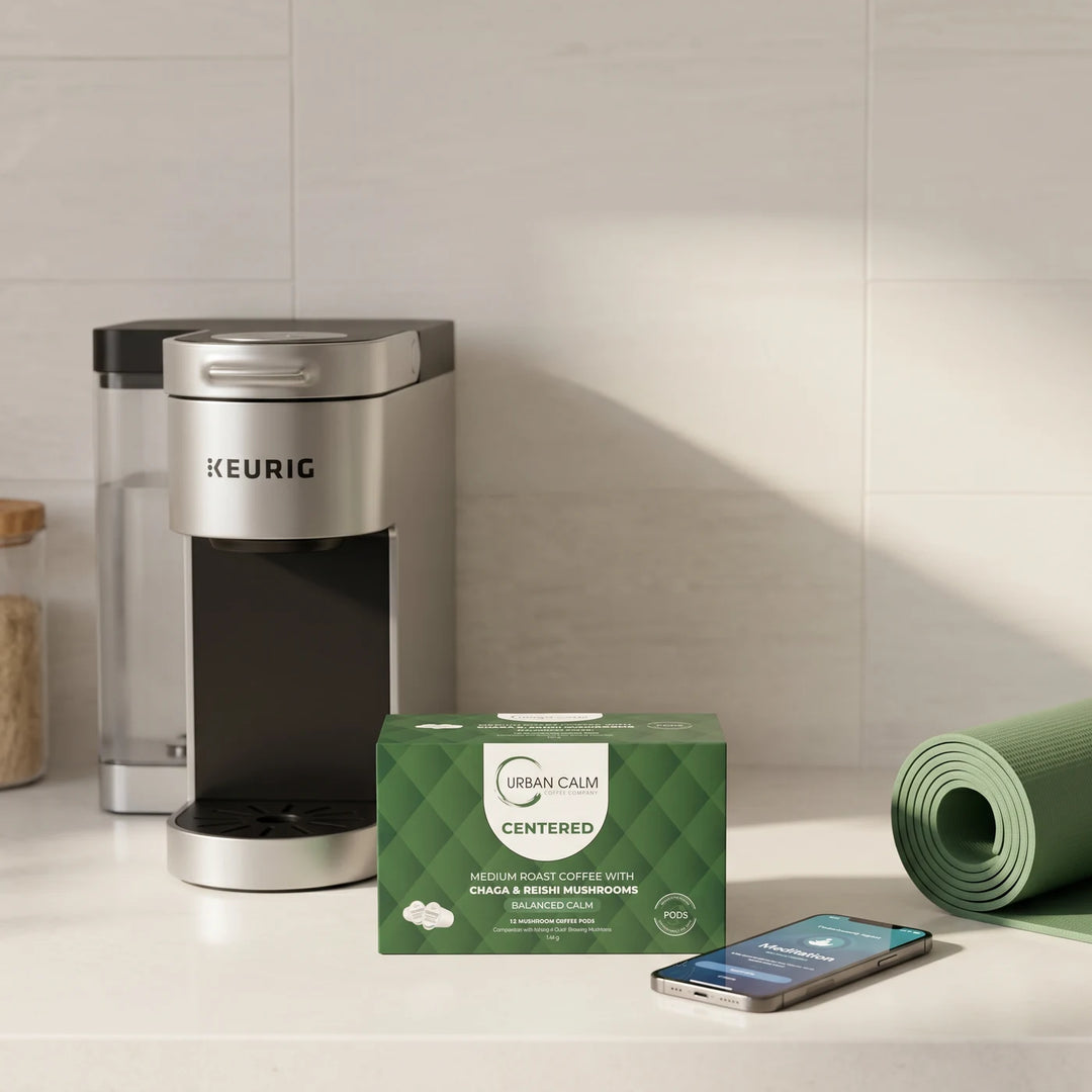 Centered mushroom coffee K-Cups in a bright lifestyle setting