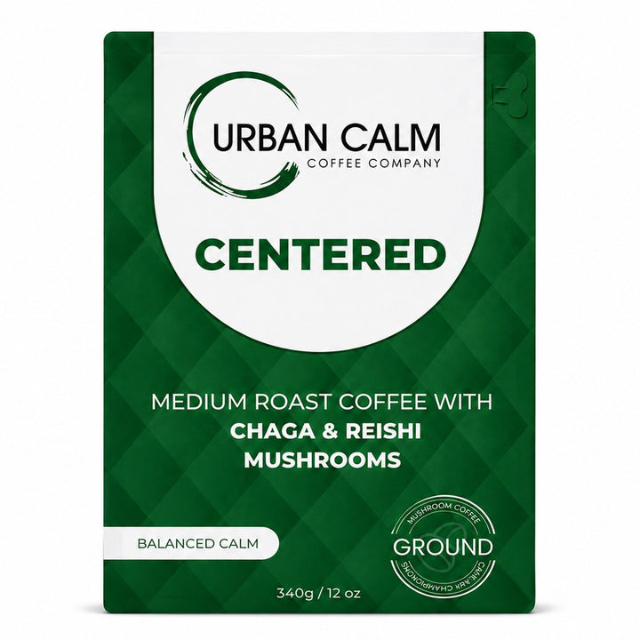 Centered medium roast mushroom coffee whole bean 340 g bag on white background